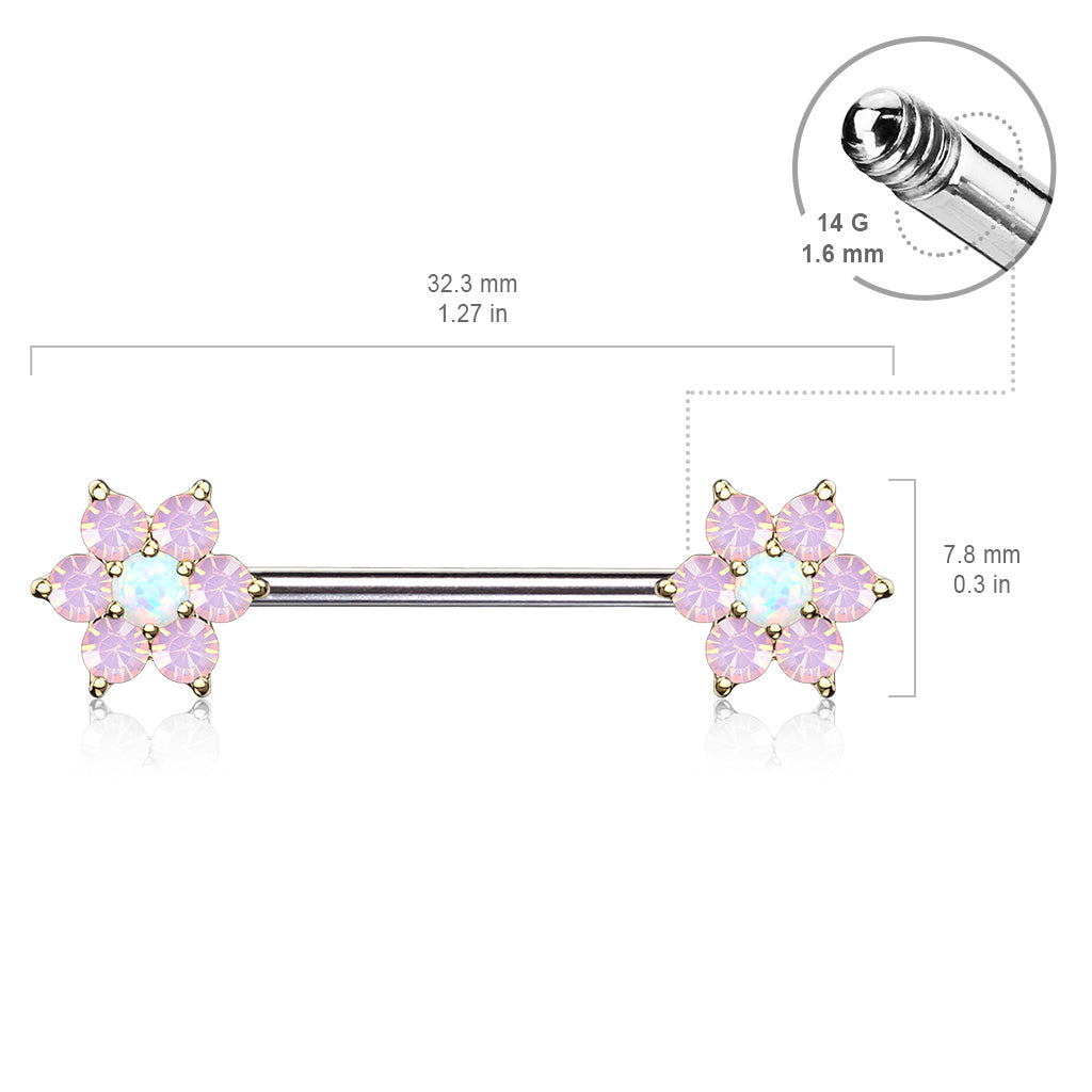 Purple Opal Flower Nipple Bar 14g dimensions