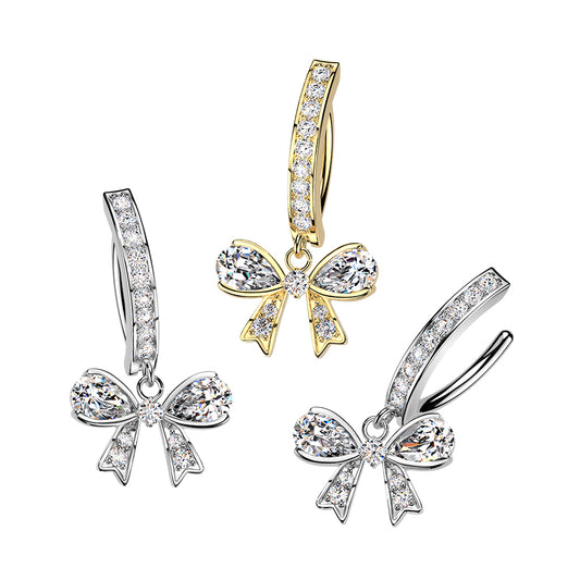 Gem Bow Dangle Hinged Clicker Gold Belly Button Bar