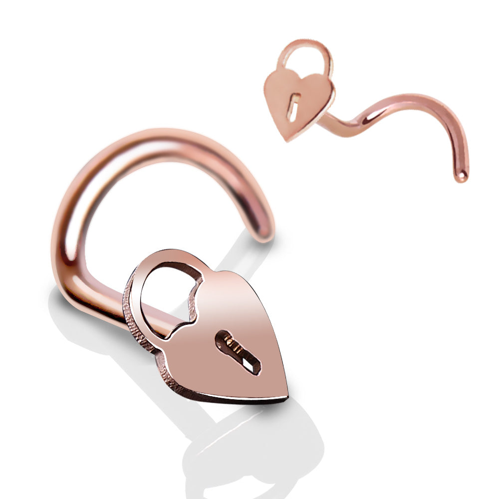 Rose Gold Heart Lock Nose Screw Ring 20