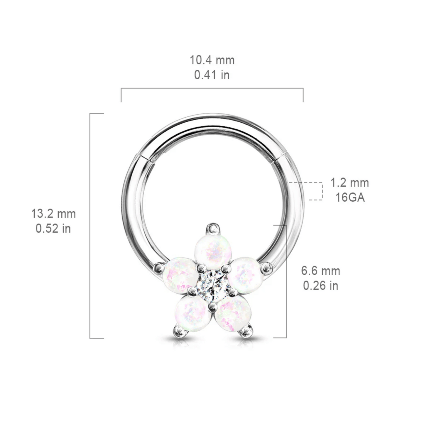 Rose Gold Opal Glitter Flower Hinged Clicker Ring 16g dimensions