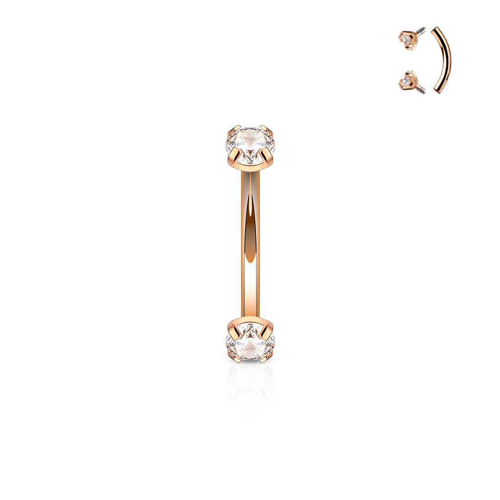 Rose Gold Prong Set Clear Gem Curved Piercing Barbell 16g