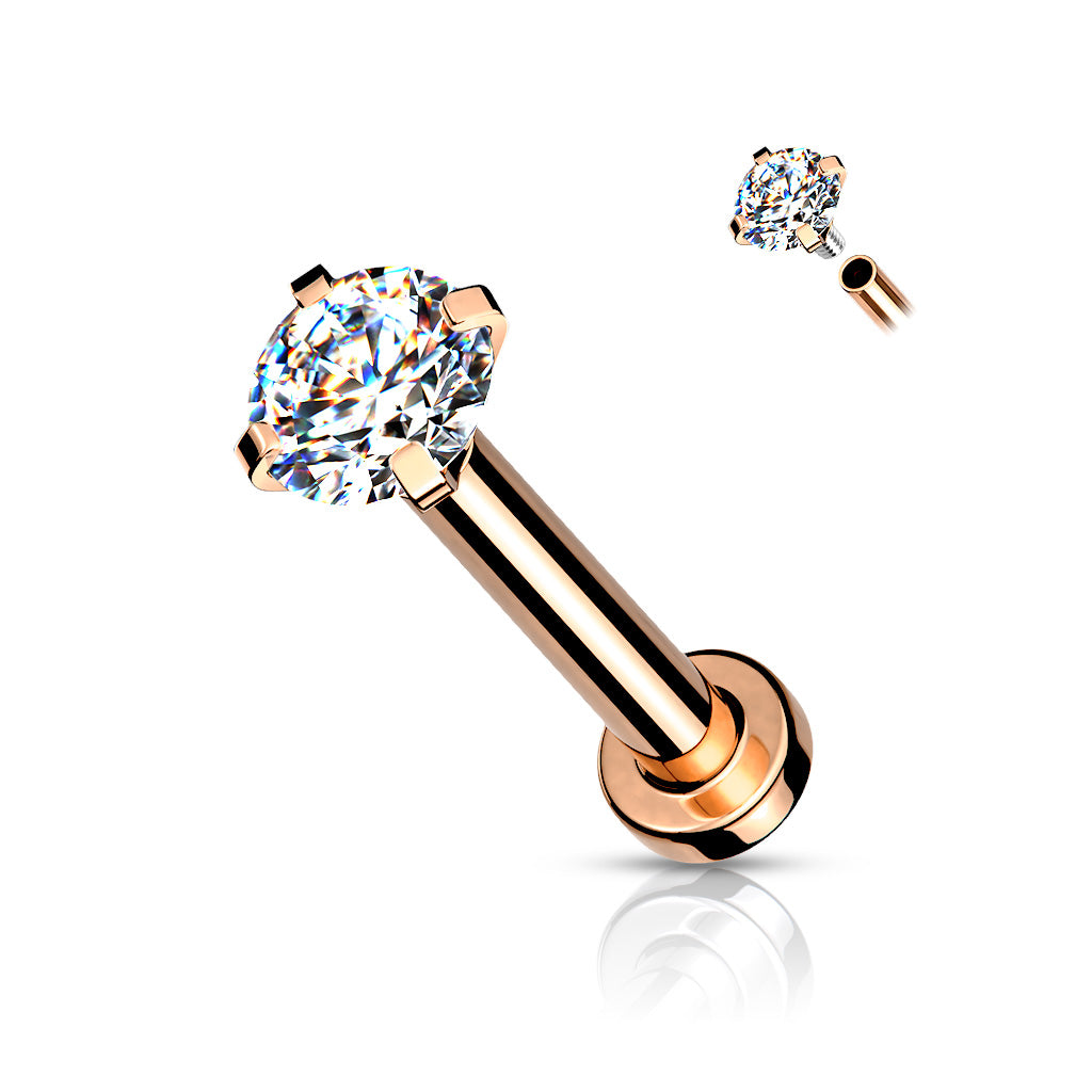 Rose Gold Prong Set Clear Gem Flat Back Stud 18g-16g