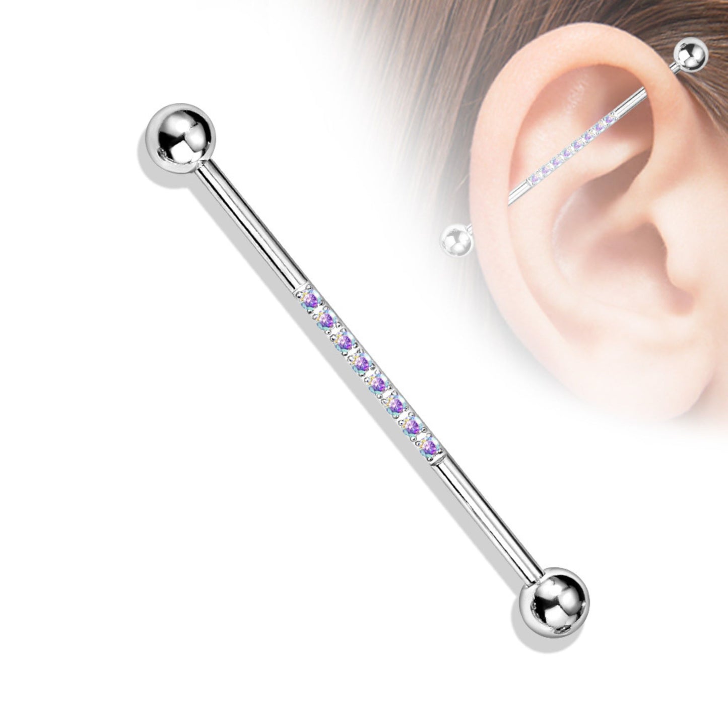 Silver CNC Lined Gem Steel Industrial Barbell 38mm model 2