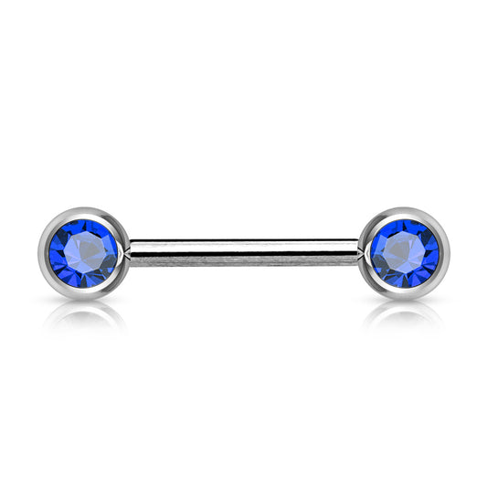 Silver Dark Blue Gem Ball Straight Nipple Barbell