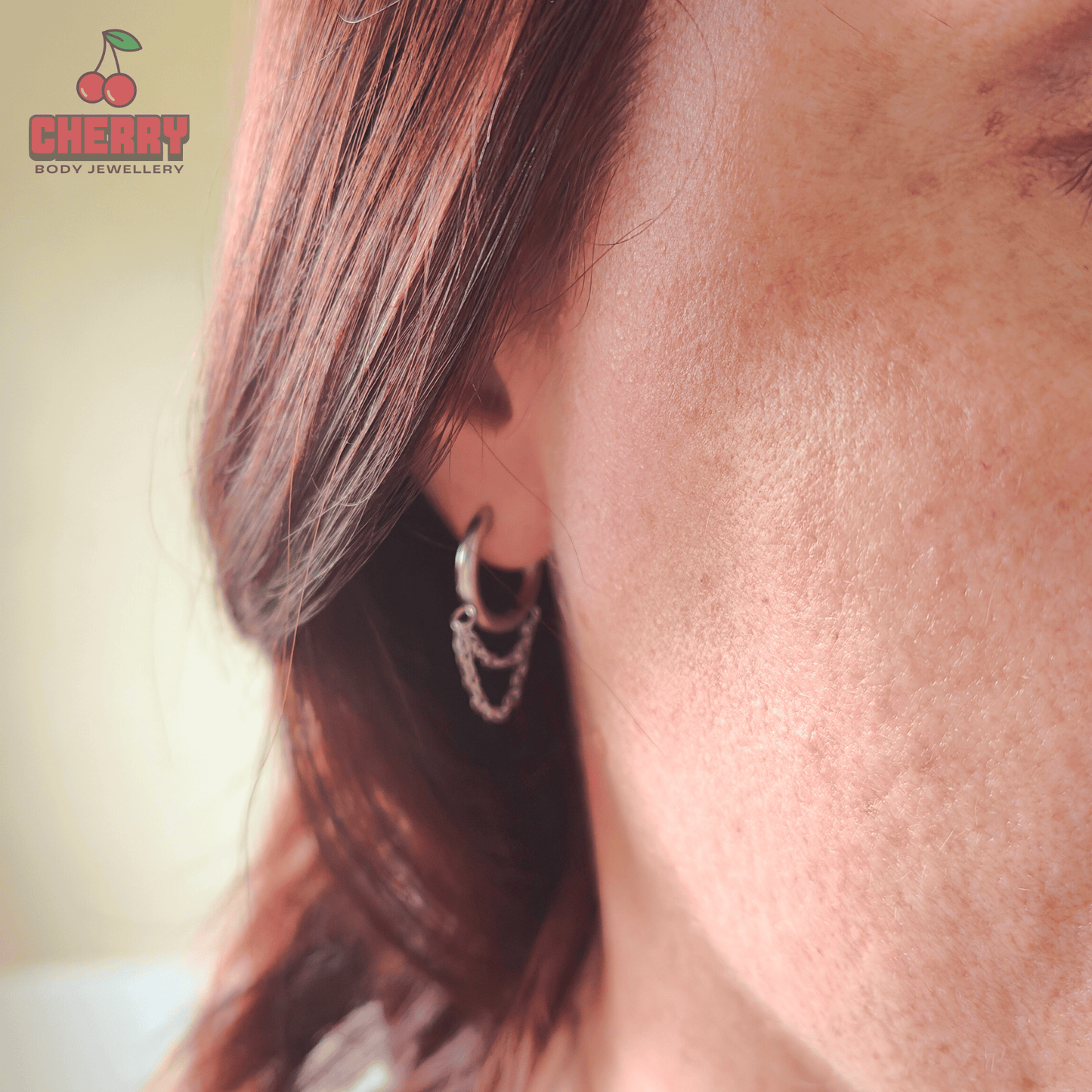 Silver Double Chain Dangle Hoop Earrings model