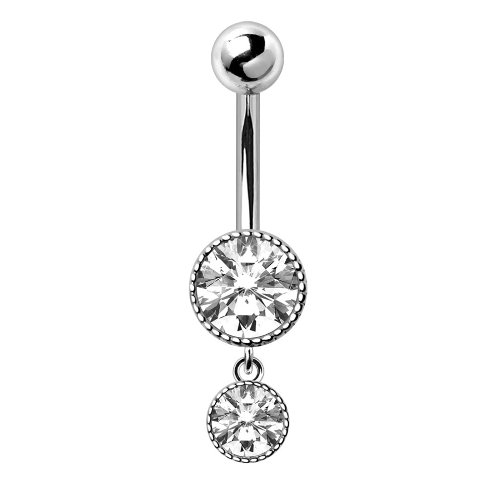 Silver Double Gem Dangle Belly Button Bar 14g