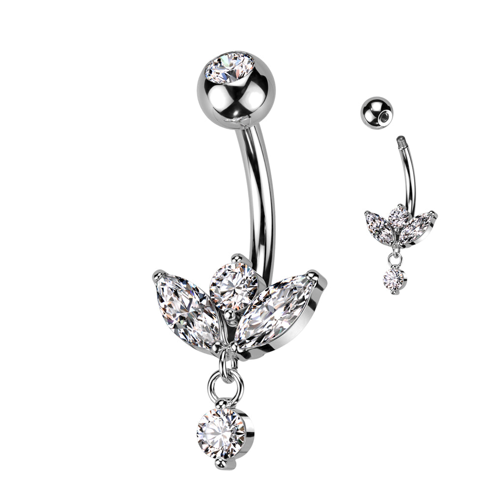 Silver Gold Marquise Gem Dangle Belly Button Bar 14g