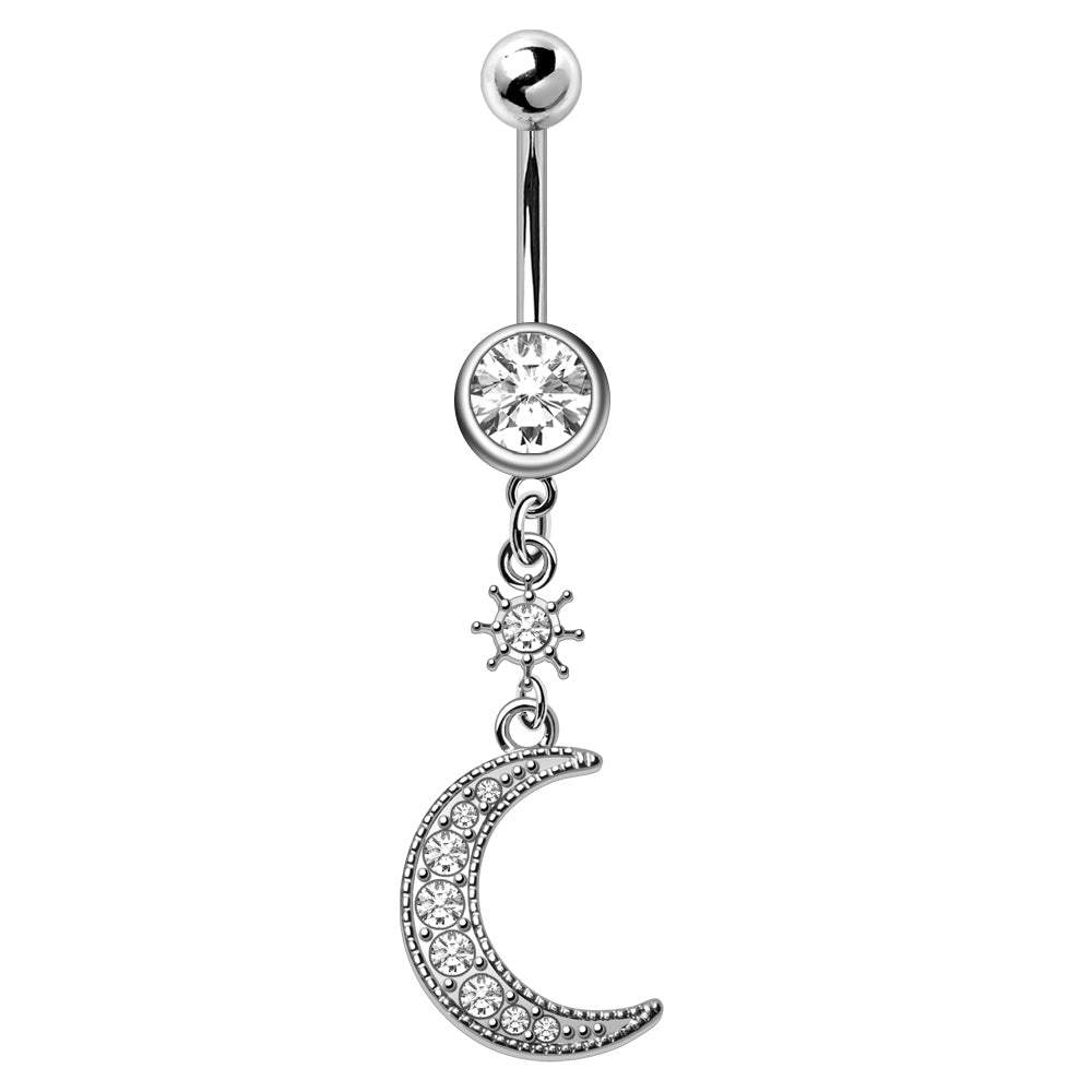 Silver Moon Gem Dangle Belly Button Bar 14g