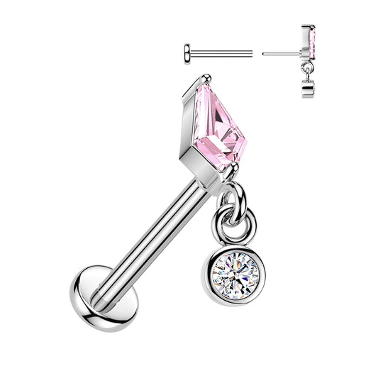 Silver Pink Kite Gem Dangle Threadless Flat Back Stud 18g-16g
