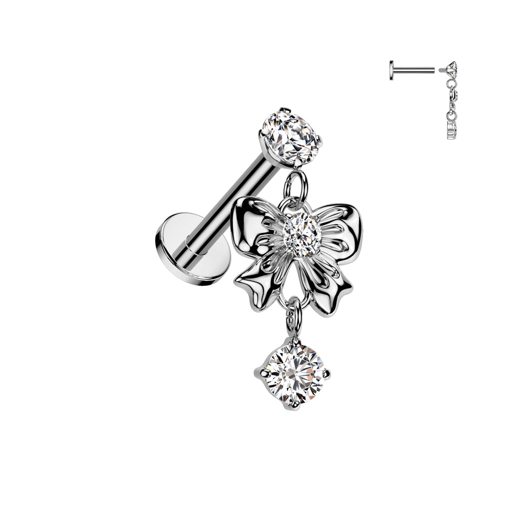 Silver Ribbon Gem Dangle Flat Back Stud 20g-16g