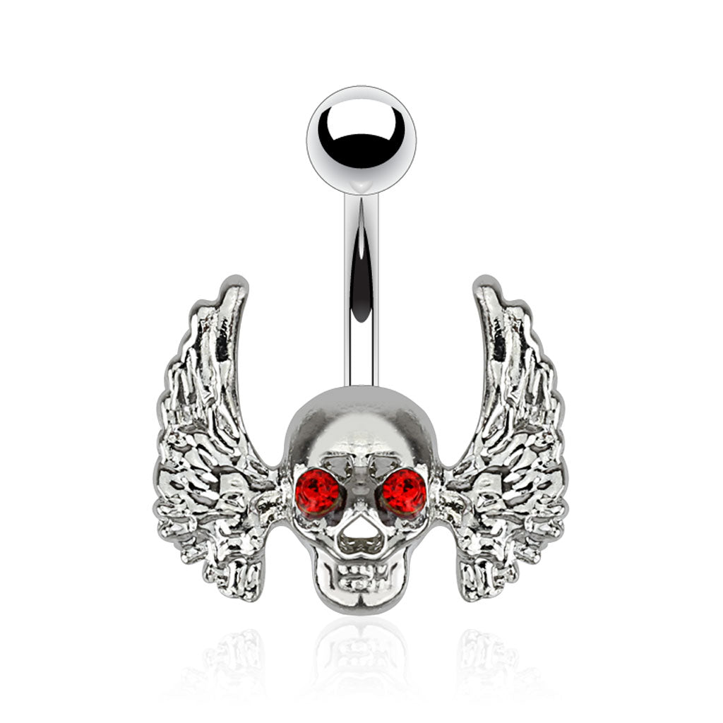 Silver Skull Wings Steel Belly Button Bar 14g