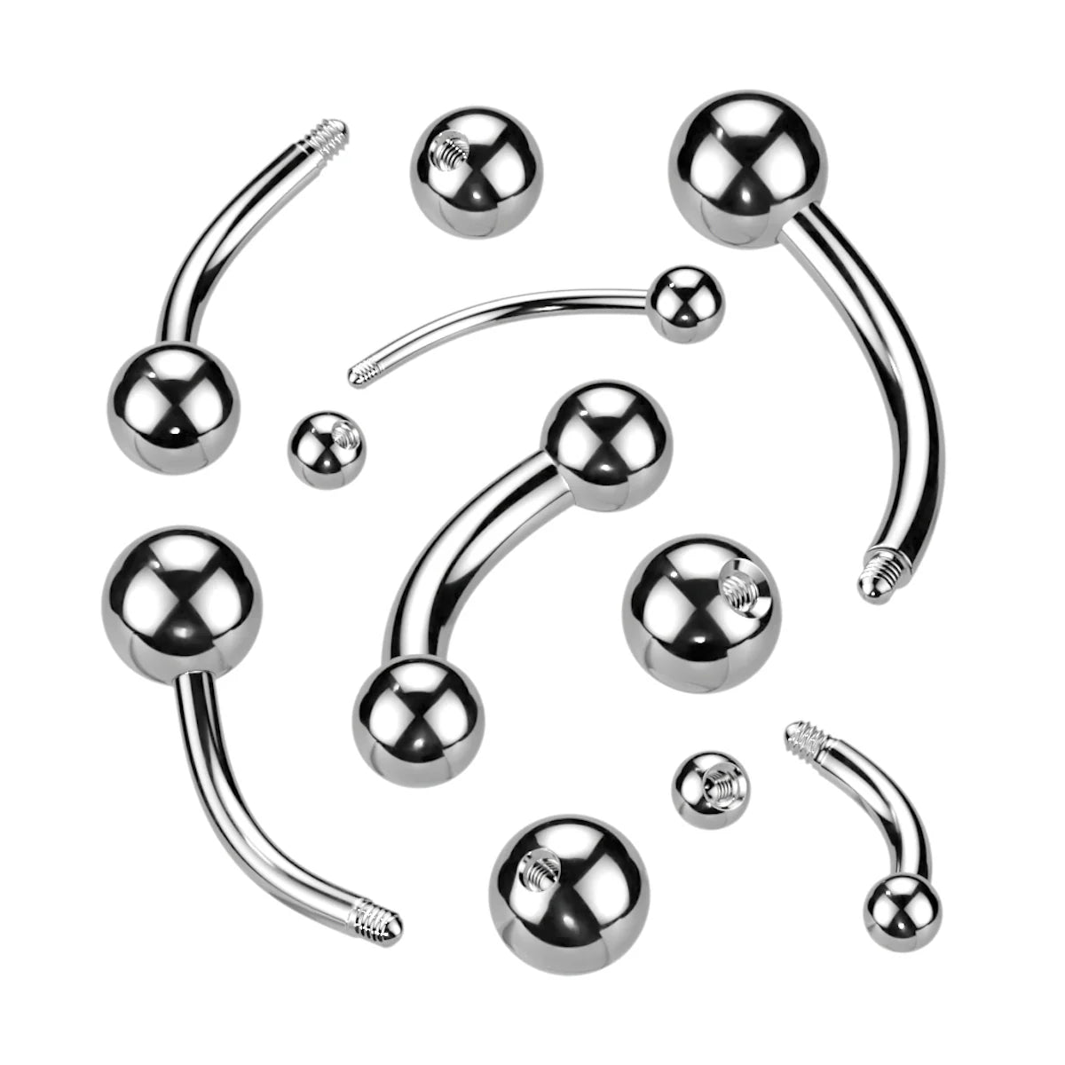 Collection of silver curved barbells on a white background
