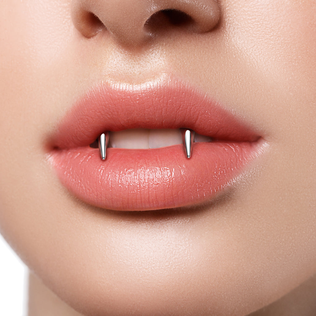 Silver Steel Vampire Fangs Smiley Spike Horseshoe Barbell worn