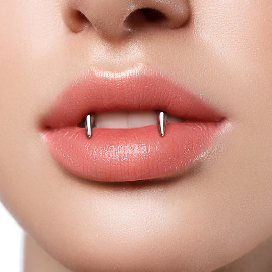 Silver Steel Vampire Fangs Smiley Spike Horseshoe Barbell worn