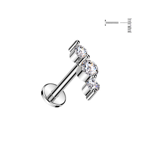 Silver Triple Gem Threadless Flat Back Stud 20g-16g