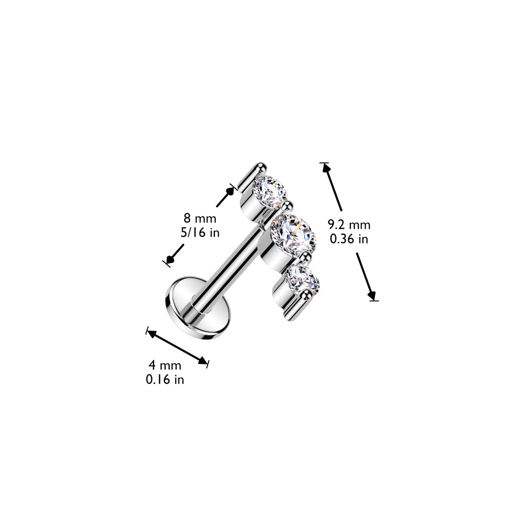 Silver Triple Gem Threadless Flat Back Stud 20g-16g dimensions
