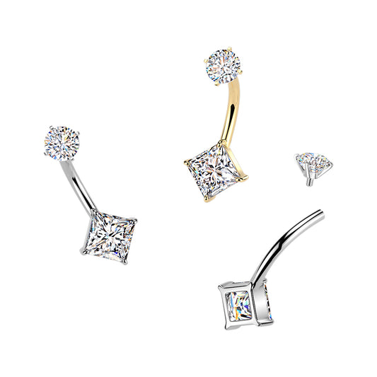 Square Clear Gem Silver Internally Threaded Belly Button Bar