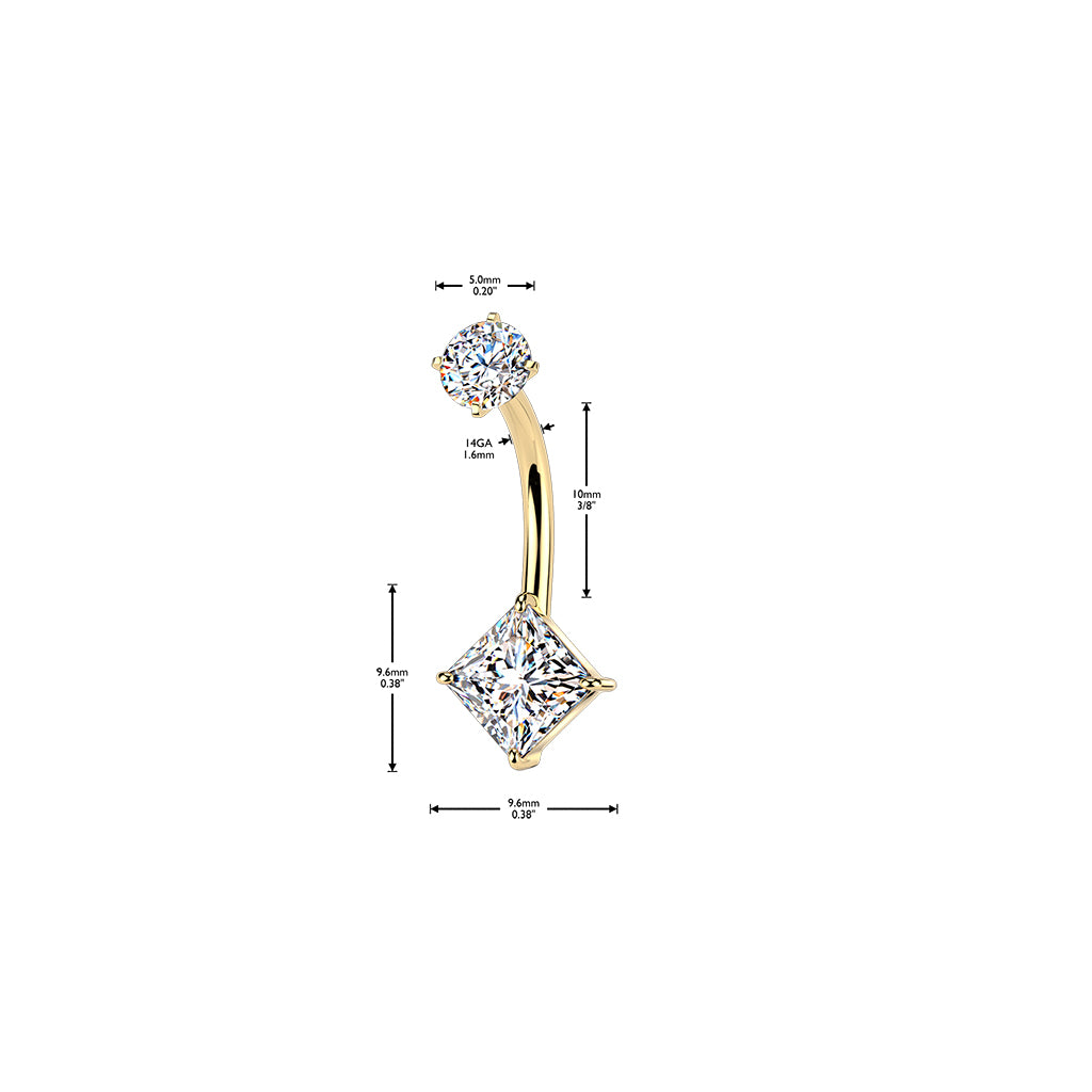 Square Clear Gem Silver Internally Threaded Belly Button Bar dimensions