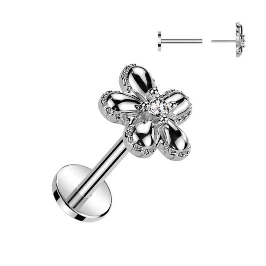 Gem Silver Flower Threadless Flat Back Stud 20g-16g