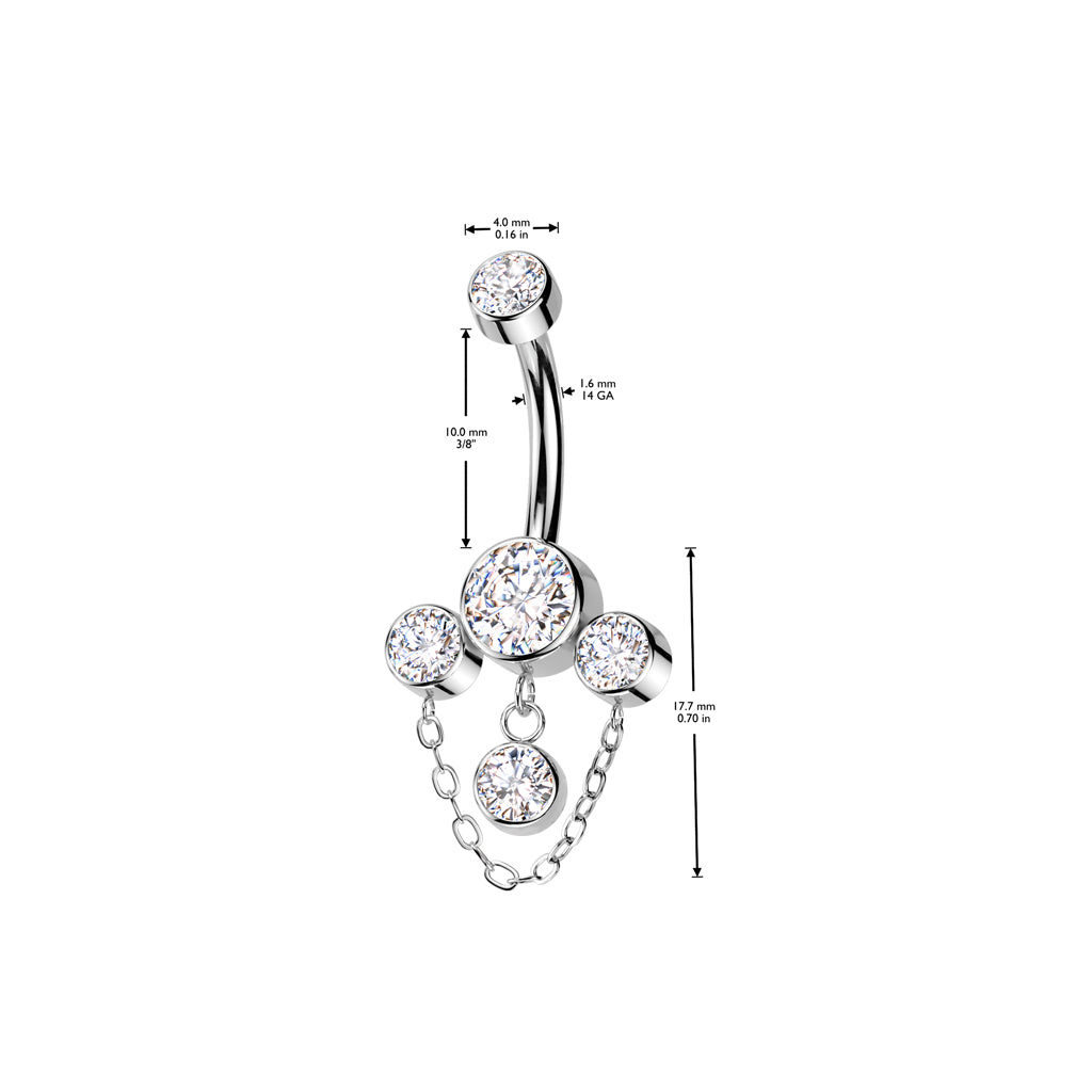 Titanium AB Gem Chain Dangle Belly Button Bar 14g dimensions