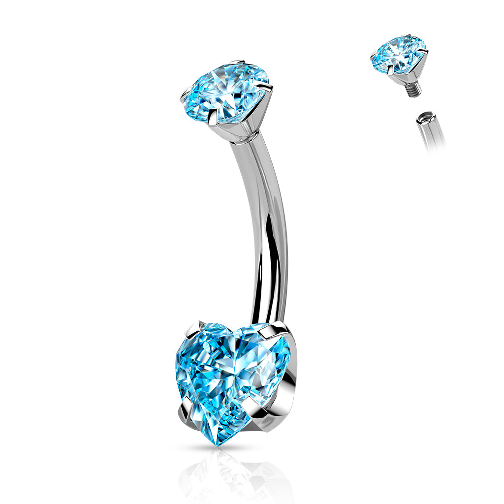 Titanium Belly button ring with blue heart-shaped gemstones on a white background