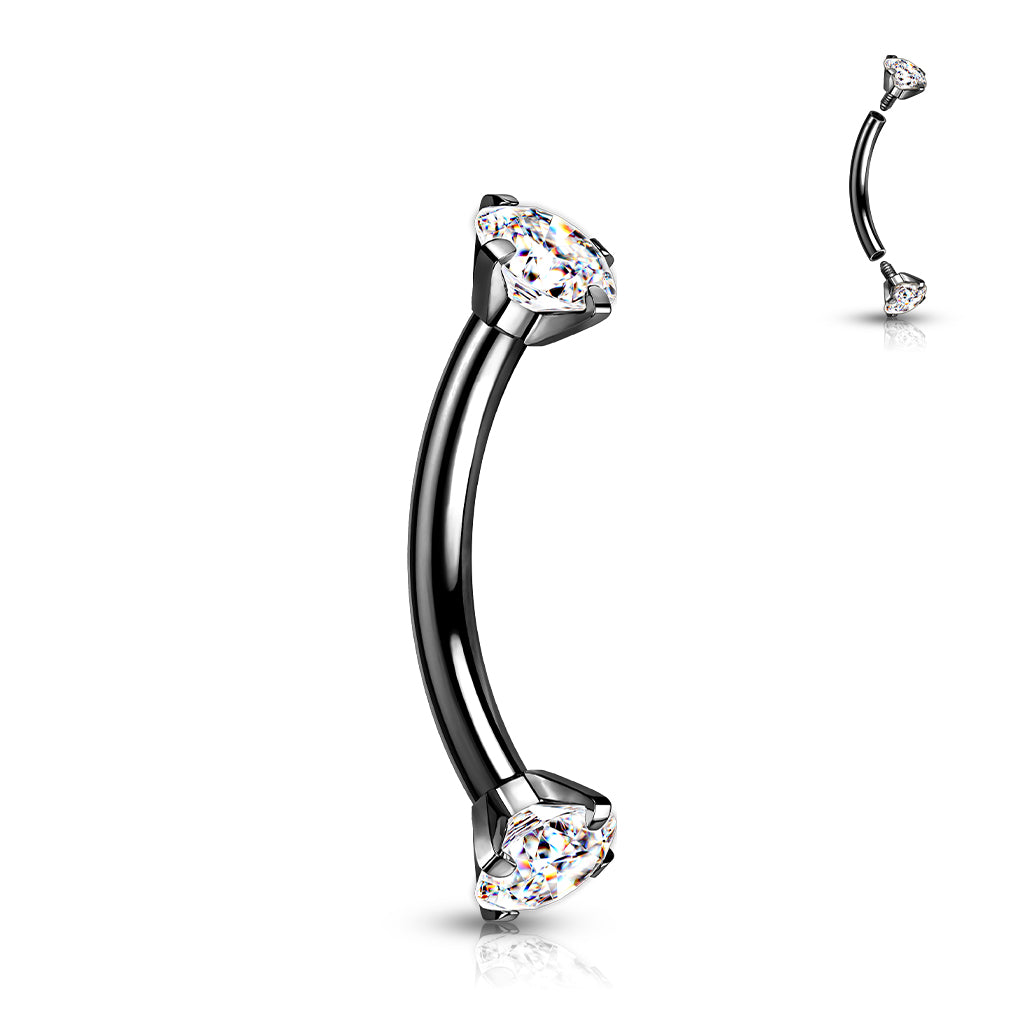 Titanium Black Prong Set Clear Gem Curved Piercing Barbell