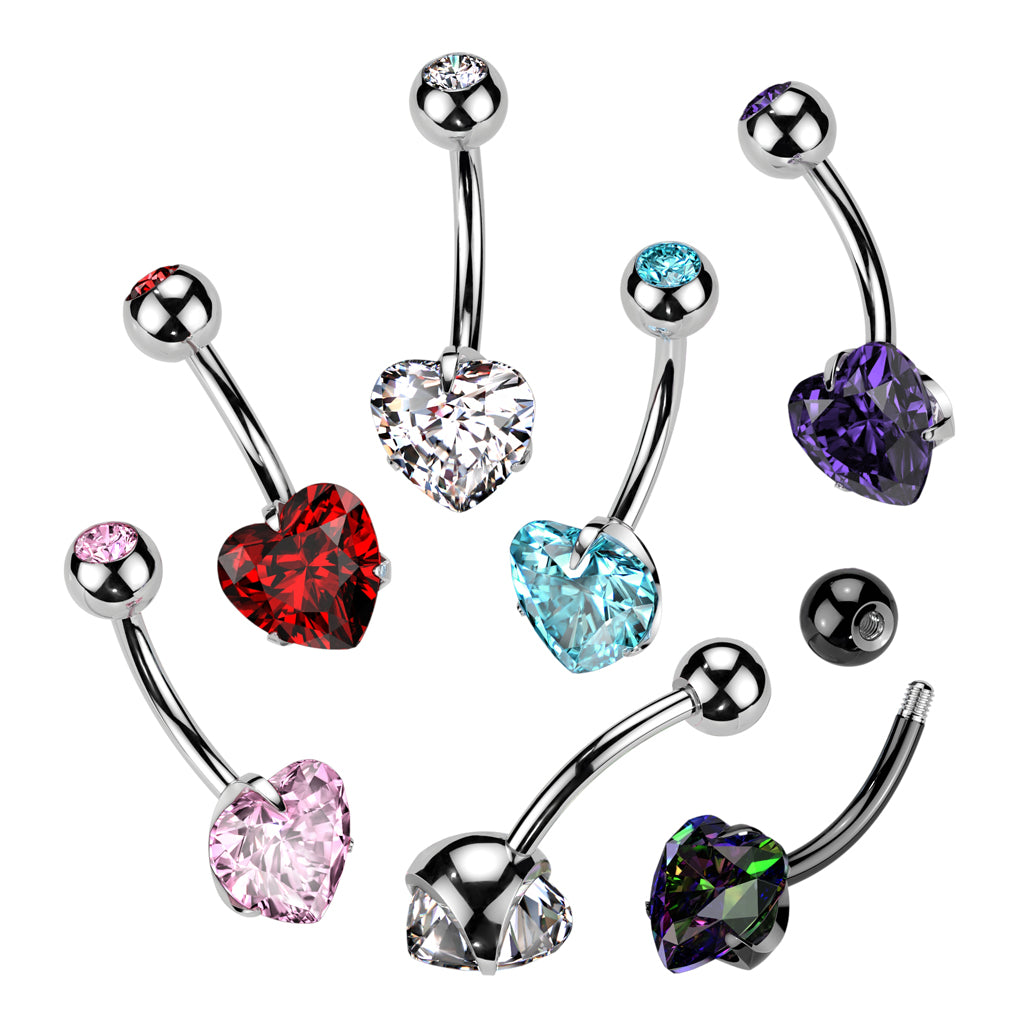 Titanium Double Jewel Prong Set Heart Belly Button Bar