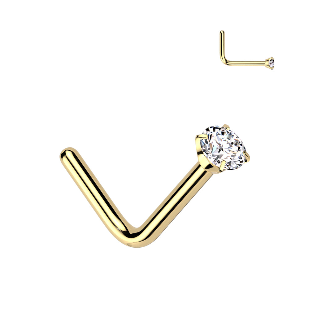 Titanium Gold Clear Prong Gem 'L' Bend Nose Stud