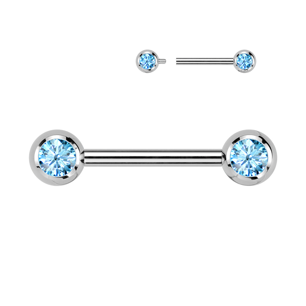 Titanium Silver Aqua Blue Gem Nipple Bar 14g