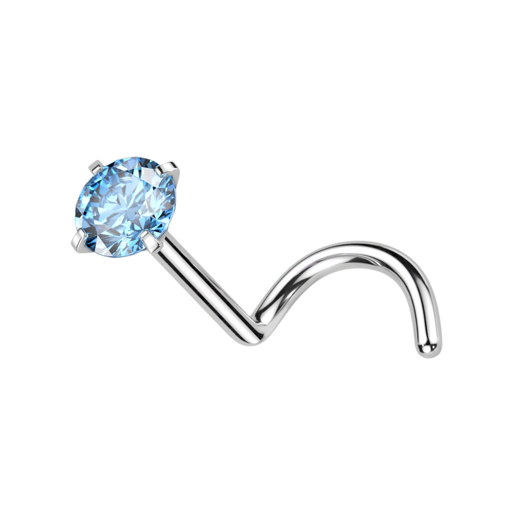 Titanium Silver Aqua Blue Gem Nose Ring Screw
