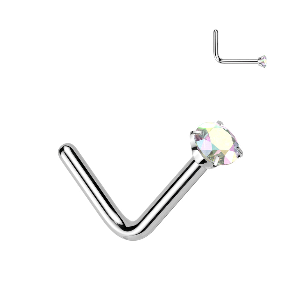 Titanium Silver Aurora Borealis Prong Gem 'L' Bend Nose Stud