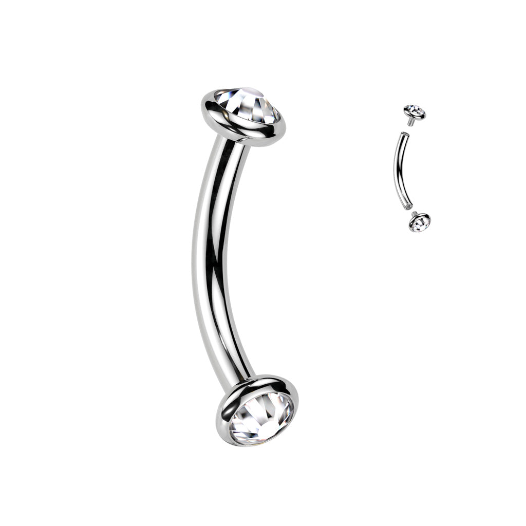 Titanium Silver Bezel Set Clear Gem Curved Piercing Barbell