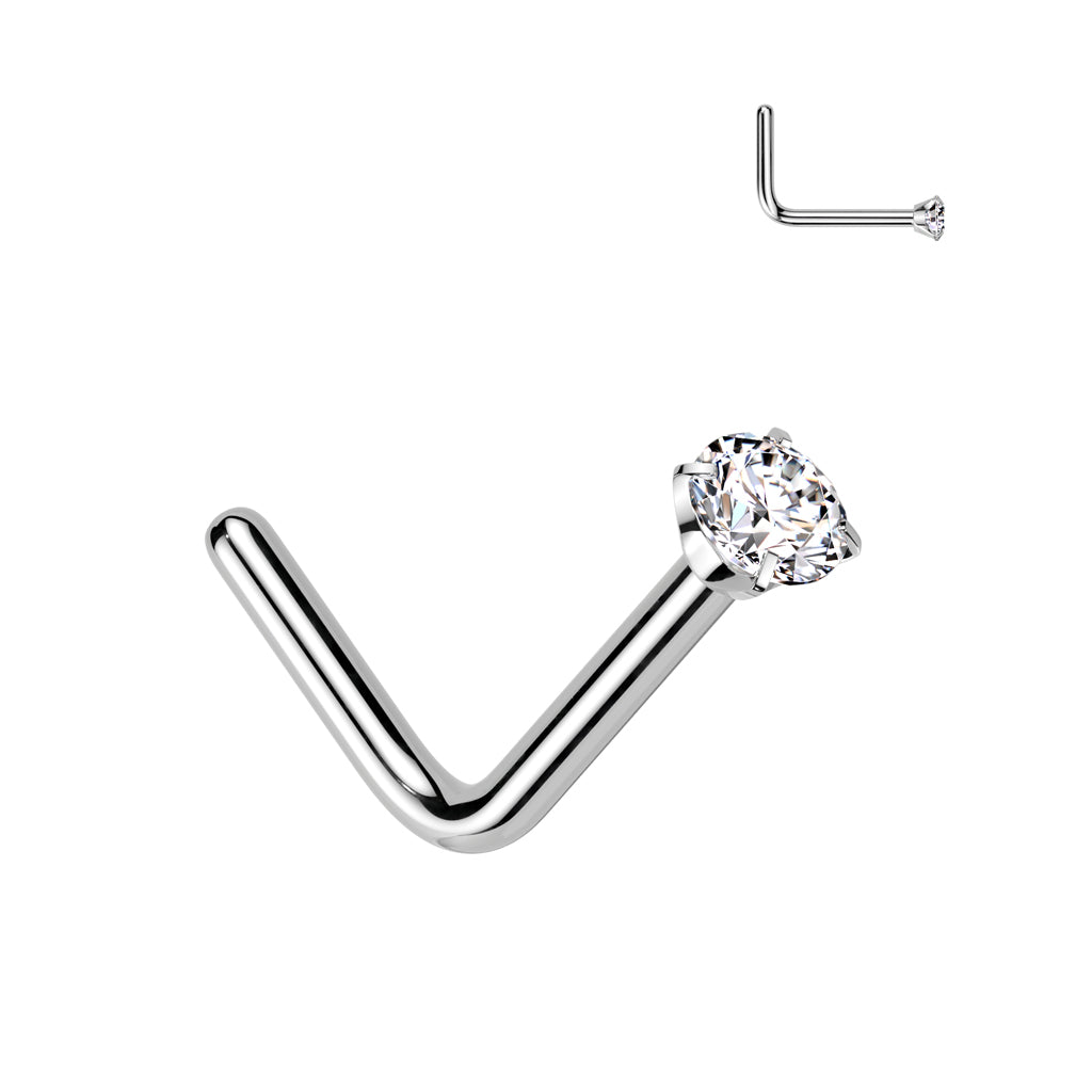 Titanium Silver Clear Prong Gem 'L' Bend Nose Stud