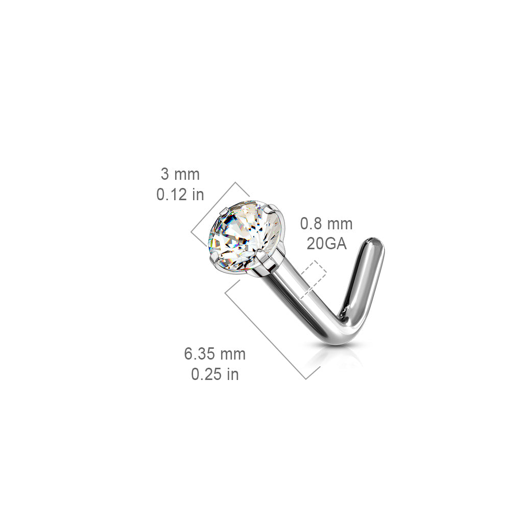 Titanium Silver Clear Prong Gem 'L' Bend Nose Stud dimensions