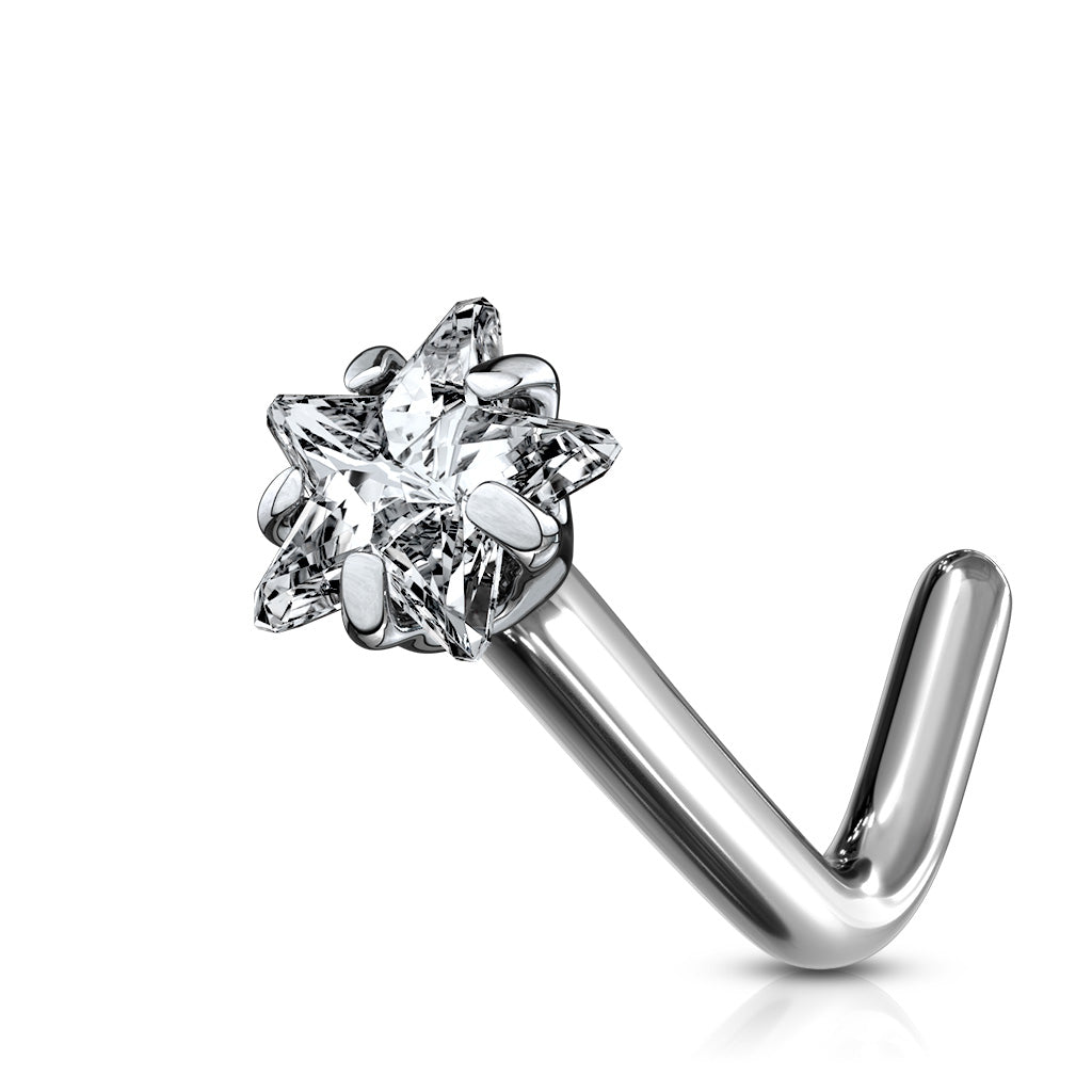 Titanium Silver 'L' Bend Clear Star Gem Nose Ring