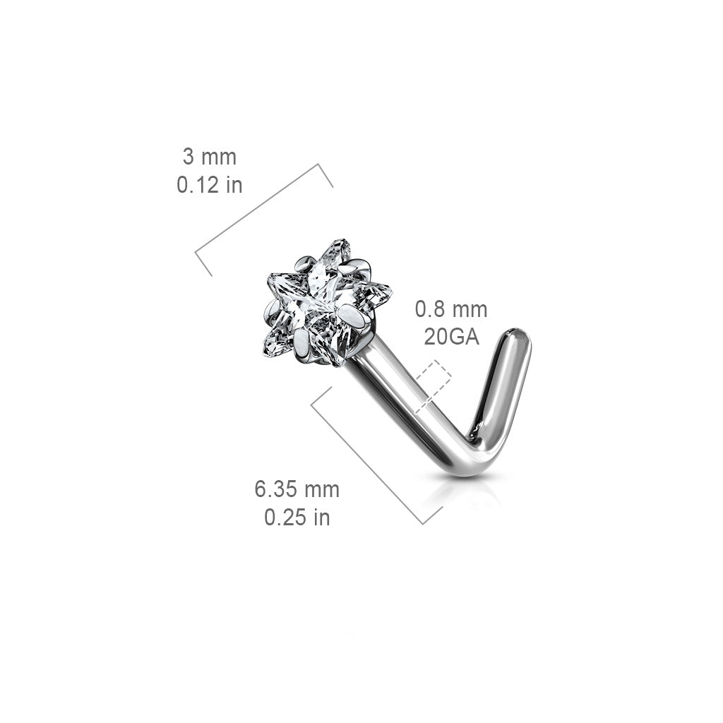 Titanium Silver 'L' Bend Clear Star Gem Nose Stud dimensions