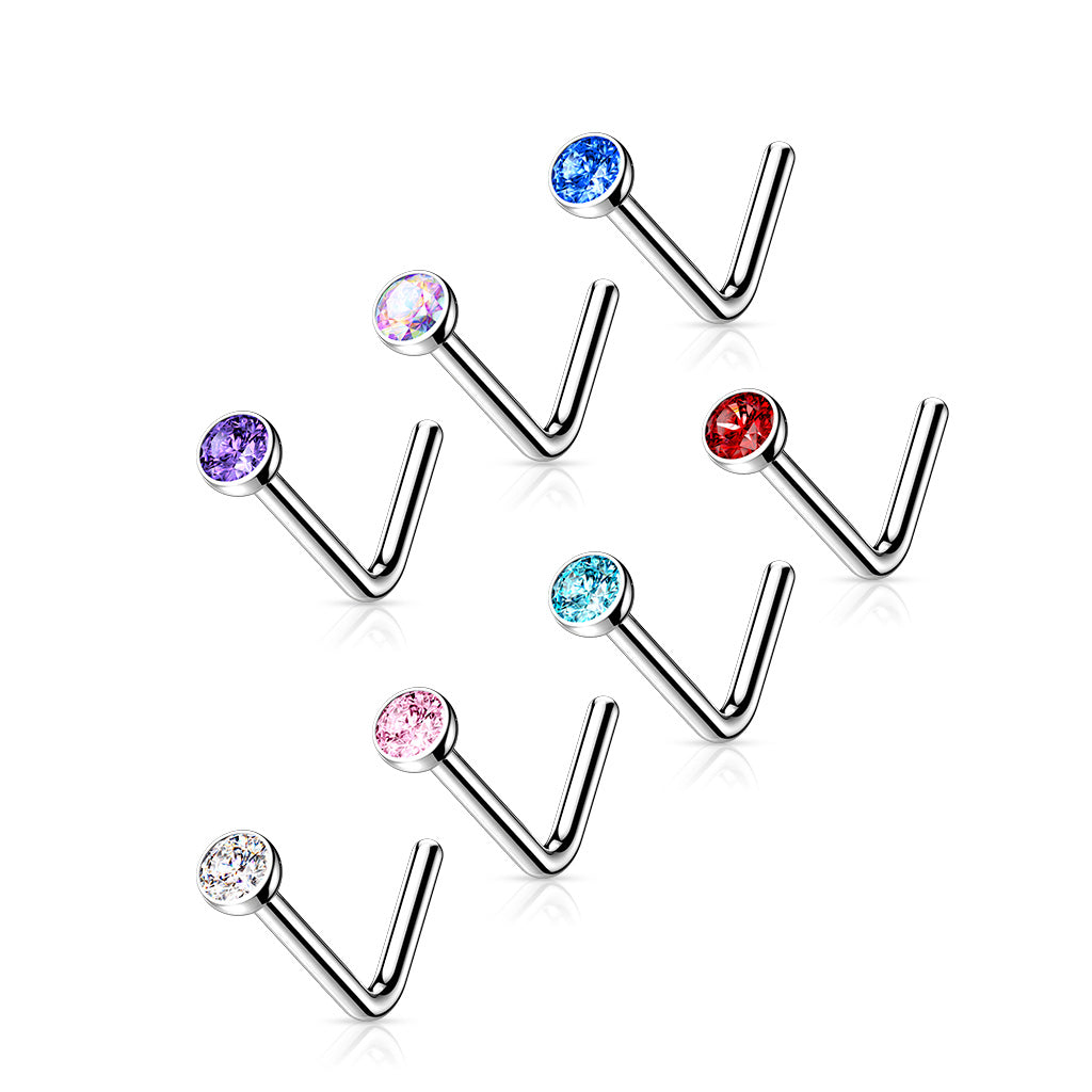 Titanium Silver 'L' Bend Gem Nose Studs