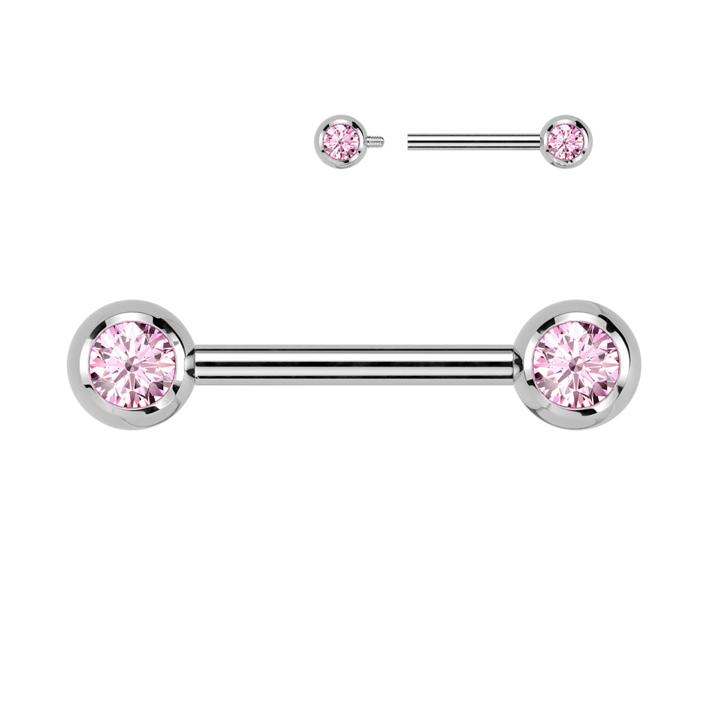 Titanium Silver Pink Gem Nipple Bar 14g