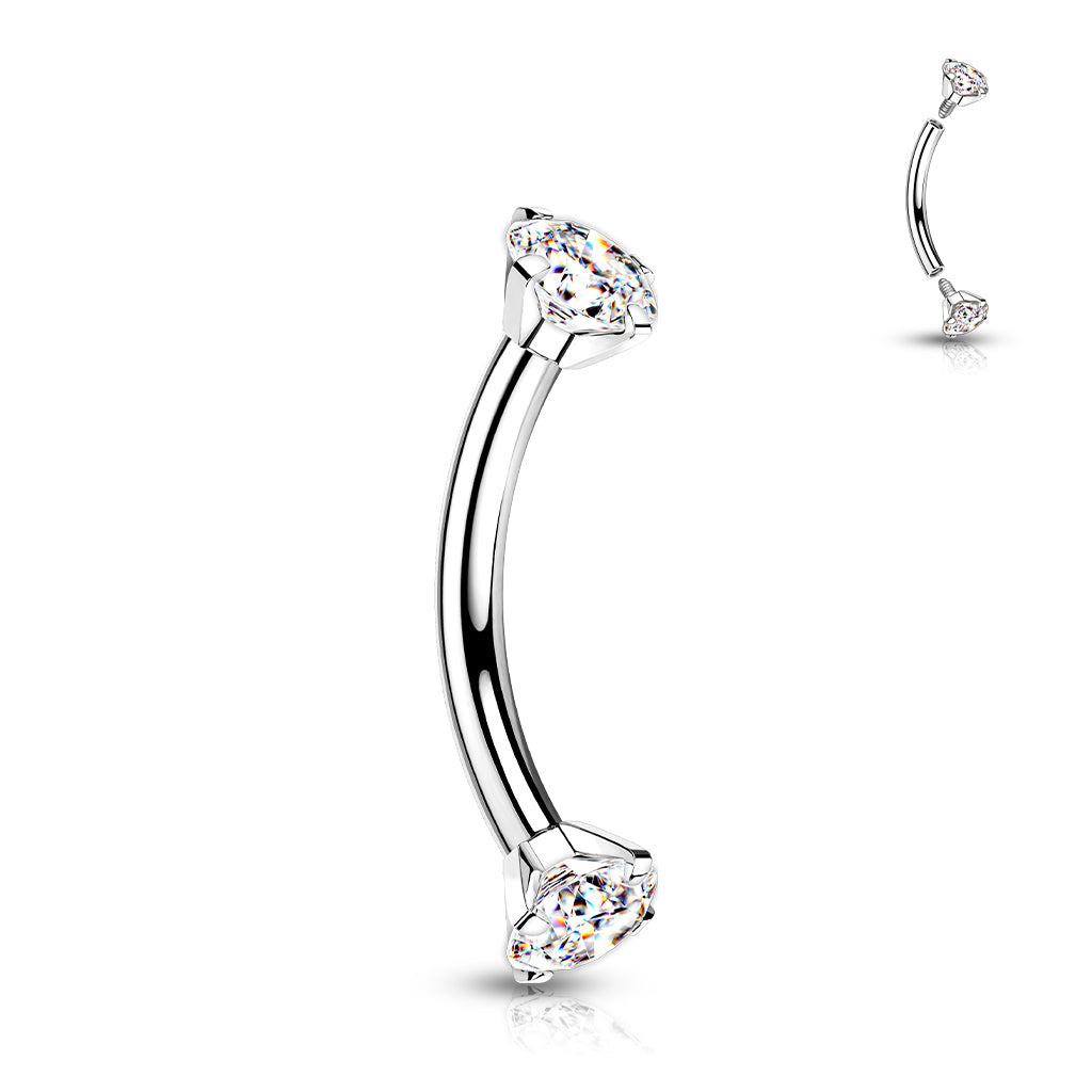 Titanium Silver Prong Set Clear Gem Curved Piercing Barbell