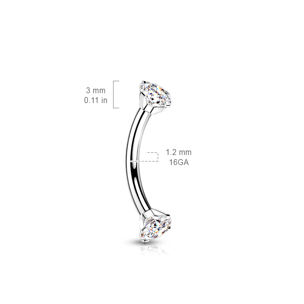 Titanium Silver Prong Set Clear Gem Curved Piercing Barbell dimensions