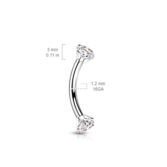 Titanium Silver Prong Set Clear Gem Curved Piercing Barbell dimensions