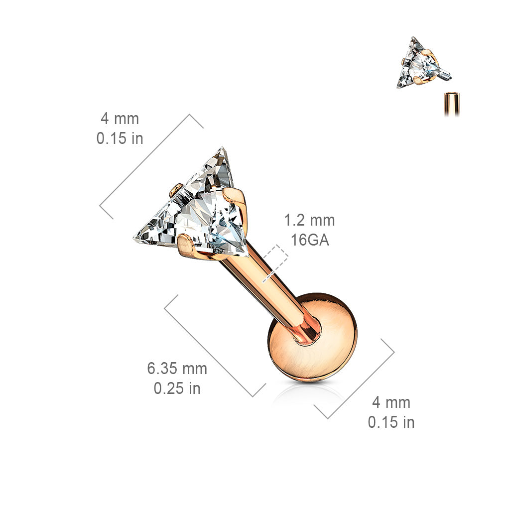 Triangle Gem Internally Threaded Flat Back Stud 16g dimensions