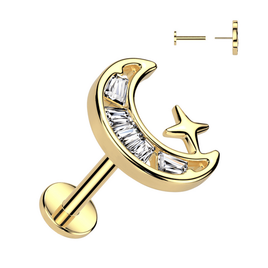 Gold Gem Moon Threadless Flat Back Stud 18g-16g