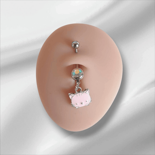 Pink Cat Dangle Belly Button Bar 14g