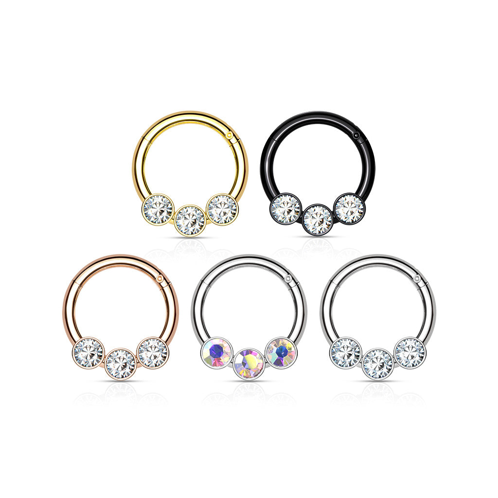 3 Bezel Set Gems Hinged Clicker Ring 16g