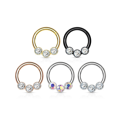 3 Bezel Set Gems Hinged Clicker Ring 16g