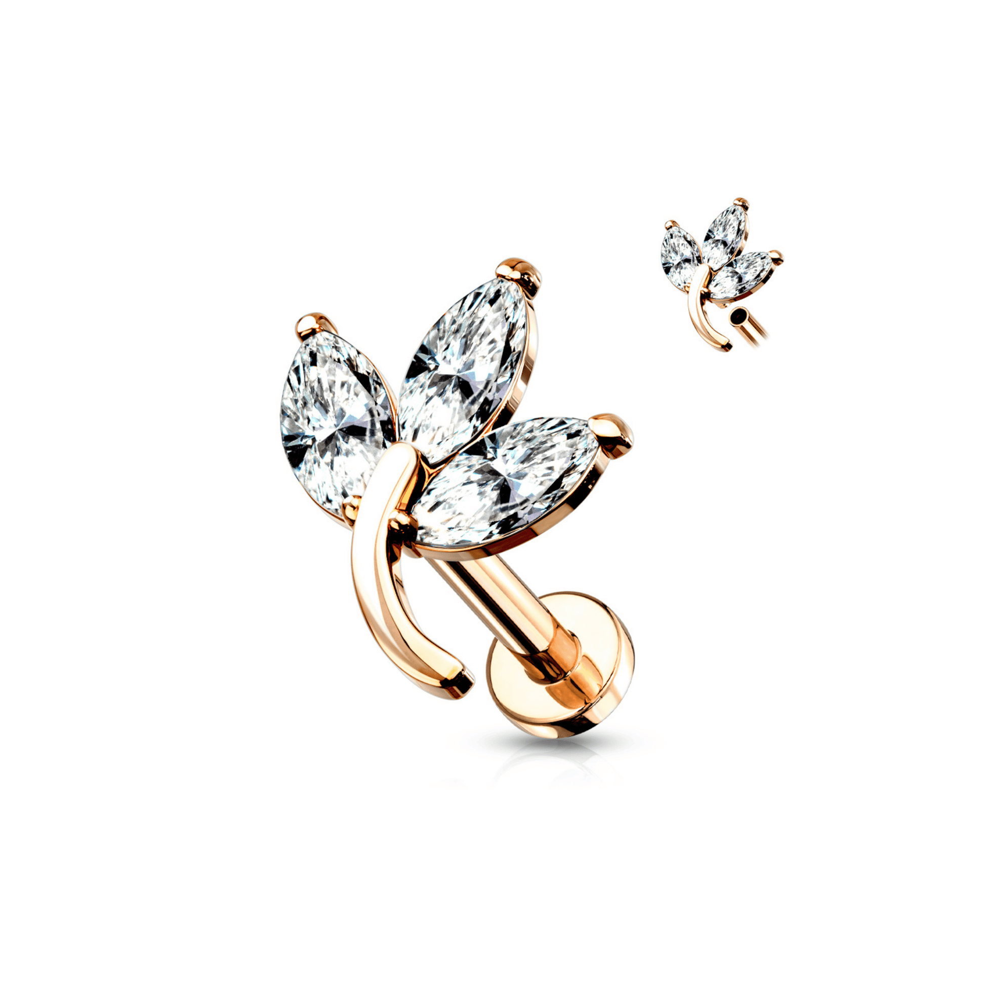 3 Marquise Gem Leaf Internally threaded Flat Back Stud Rose Gold