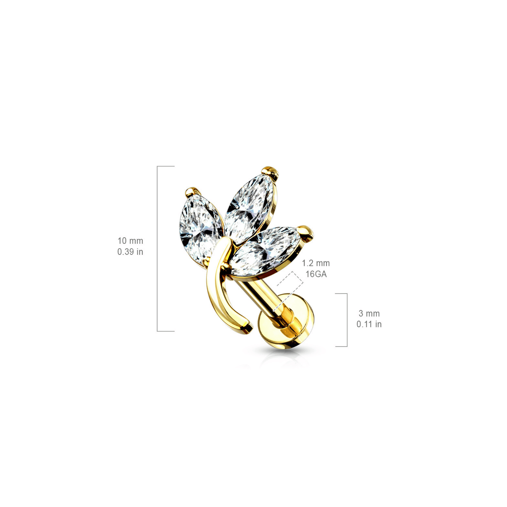 3 Marquise Gem Leaf Internally threaded Flat Back Stud Dimensions