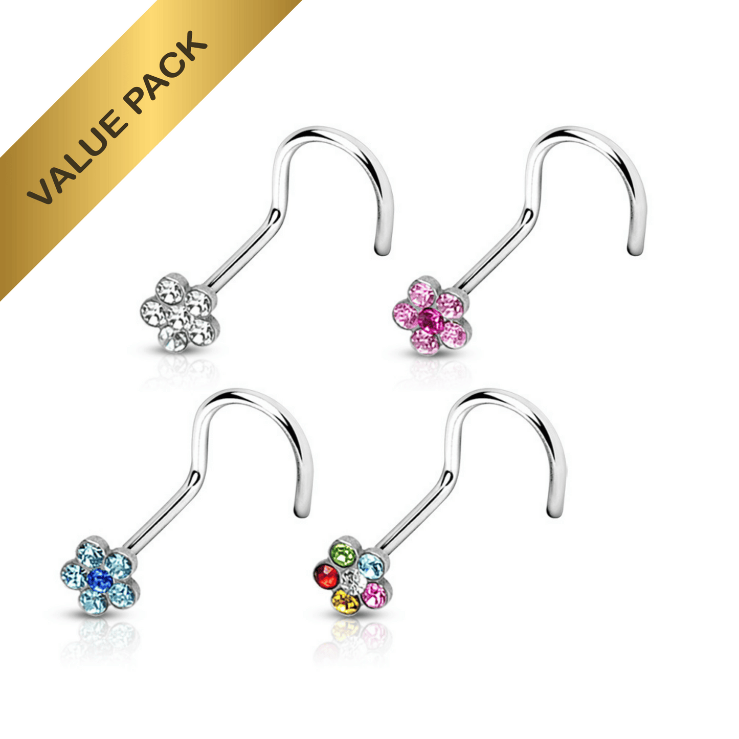 4 Gem Flower Nose Rings Piercing Screws Value Pack