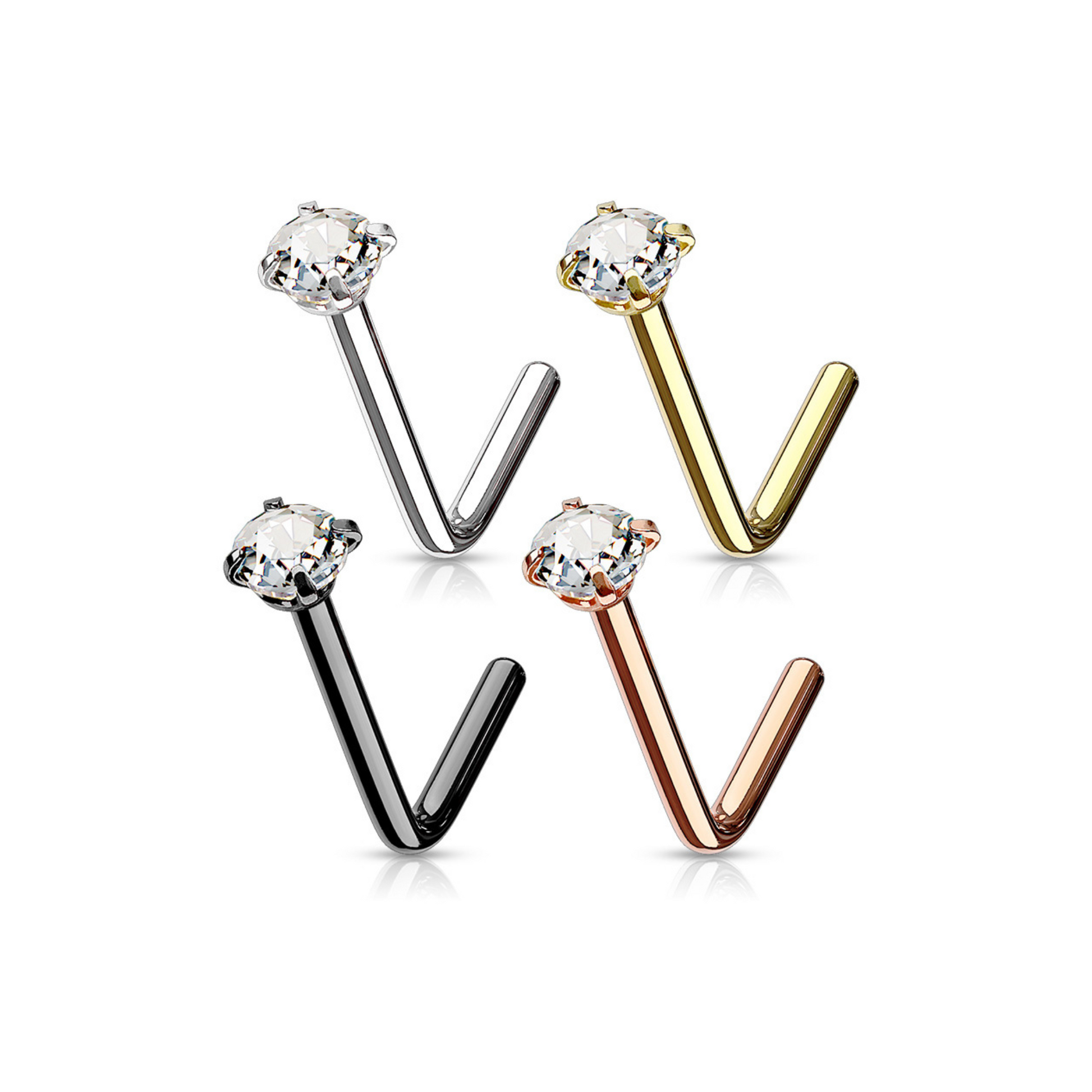 4 Prong Set Clear Gem 'L' Nose Studs Value Pack